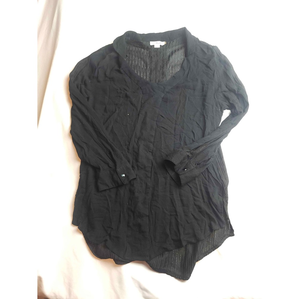 Simply Noelle Black Mixed Media Mesh Back V-Neck Womens Blouse L/XL